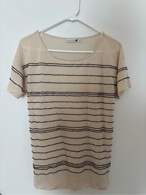 DK Brand Jackpot - Light Beige Striped Short Sleeve Top - Size Medium